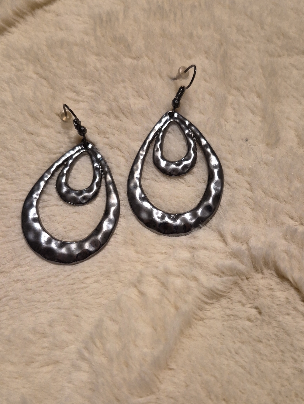 Hammered Double Teardrop Dangle Earrings - Silver